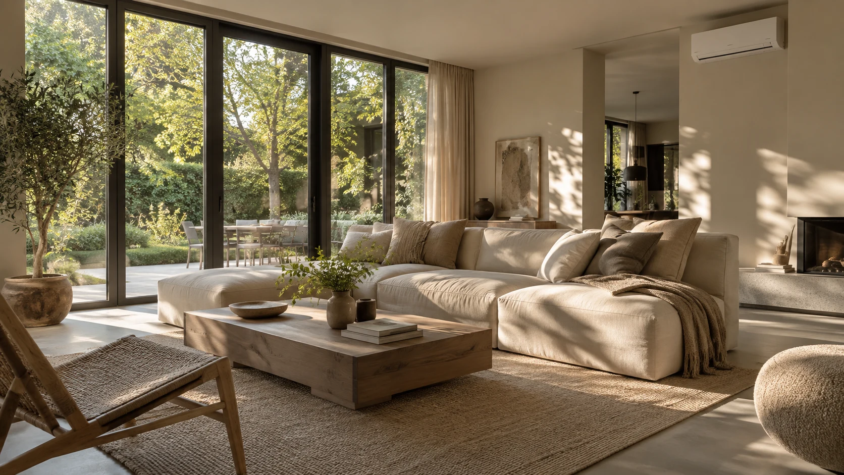 Woonkamer met een discreet geplaatste airco