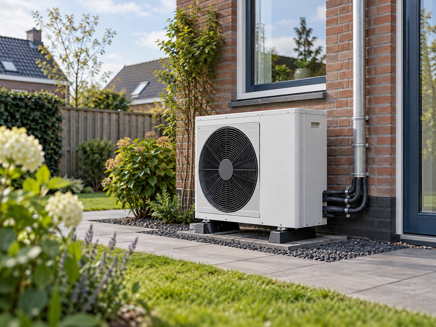 Buitenunit van een warmtepomp bij een woning